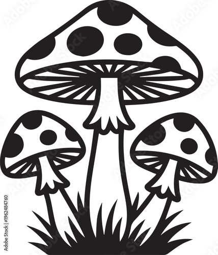 Group of three spotted toadstool mushrooms growing together with detailed grass base outline