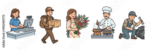 Various cartoon professionals working in different occupations including retail, delivery, floral, culinary, and automotive repair services.