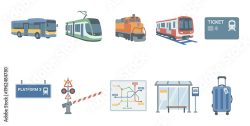 Public transportation elements and travel icons collection showcasing various modes of transport, infrastructure, and journey planning items in a flat design style.