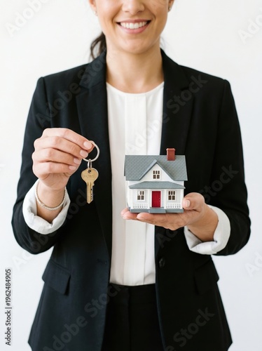 Real estate agent showcasing home ownership keys in modern office setting