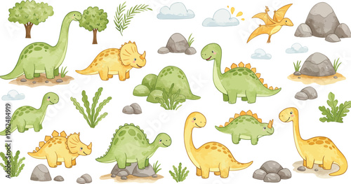 A colorful illustration of various dinosaurs and plants in a prehistoric landscape with rocks and clouds