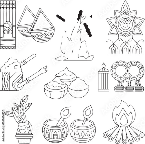 Set of black and white cartoon images, collection of various traditional indian diwali festival elements, outline illustrations Vector Art