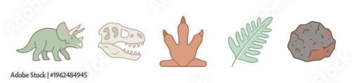 These charming dinosaur elements, including a triceratops, skull, footprint, fern, and meteorite, are illustrated in a simple cartoon style.