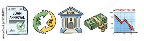 Financial icons representing various banking, currency exchange, and economic decline concepts in a hand-drawn style illustration.