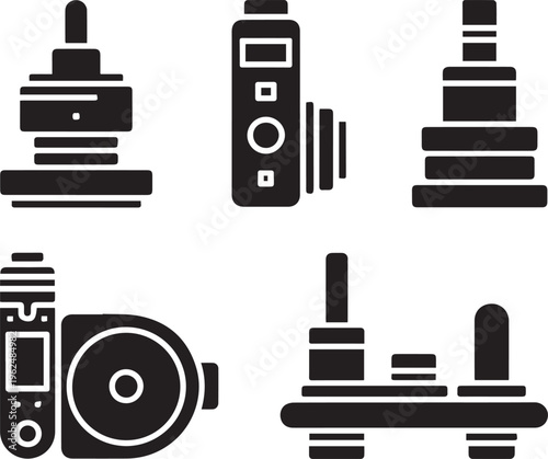 Set of black silhouette icons representing electronic measuring devices and industrial hardware components for technical design projects