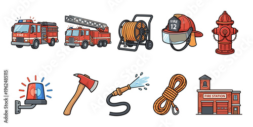 Firefighting equipment and tools collection in a charming cartoon style, featuring various essential items for emergency services and safety.