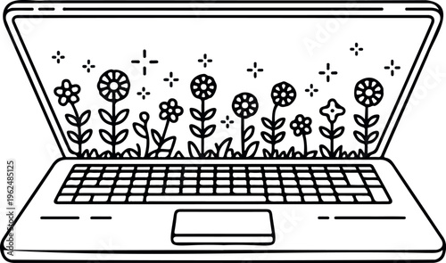 Laptop with blooming flowers and stars appearing on screen and around device.