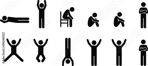 Human stick figure silhouette vector illustration set showing various body postures, gestures, dynamic poses, expressive movement design artwork collection