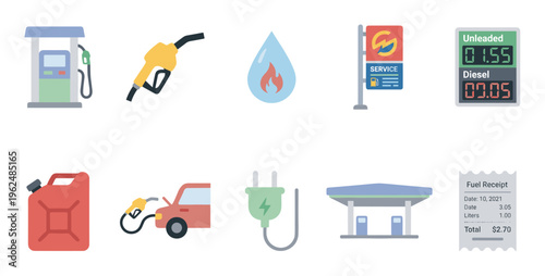 Fuel and gas station related icons illustrating various aspects of energy, transportation, vehicle services, and payment options in a flat design style.