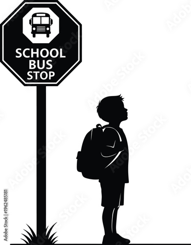 School Bus Stop Sign with Student Silhouette Illustration Education Transportation Concept