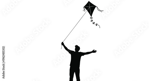 Silhouette of man flying kite, black kite icon, recreational activity, outdoor fun