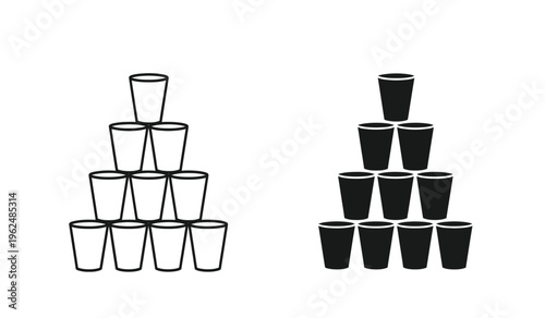 A silhouette of two pyramid stacks of plastic cups one white and one black on a plain background