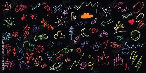 Colorful neon doodle icons set on black background, hand drawn abstract symbols, arrows, hearts, stars, scribbles, modern trendy design elements collection