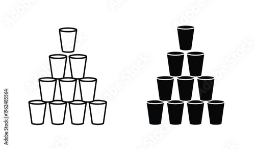 A silhouette image of two pyramid structures composed of stacked cylindrical objects differing in color and height