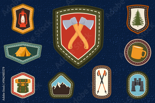 Hiking badges set, retro vintage outdoor adventure patches with mountains, camping gear and travel elements. Vector