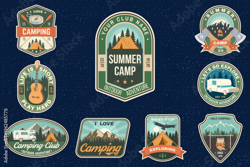 Camping stickers set, retro vintage outdoor adventure decals with camp, guitar, mountains and forest patches. Vector