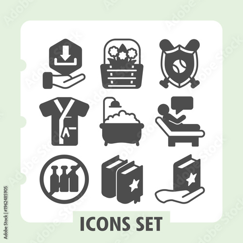 Downloads, bathrobe, beer modern icons set depicting healthcare, daily activities and household items in solid style for apps and print on white background. Set of nine glyph icons.