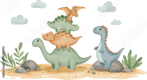 Stack of friendly looking cartoon dinosaurs standing on sandy ground with plants and clouds in the background