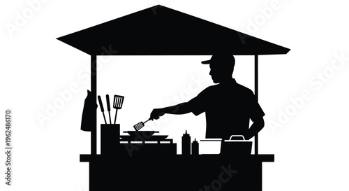 Food vendor, street food stall, vendor silhouette, black icon, flat design
