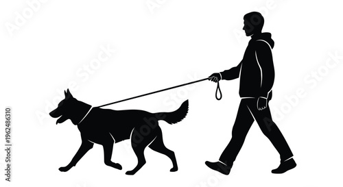 Black silhouette of man walking dog, pet leash, vector icon, simple illustration
