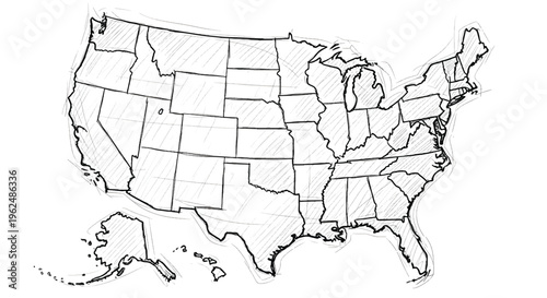 Hand-drawn USA map with state borders, sketchy United States of America vector illustration, black and white outline map for education