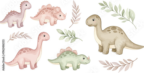 Pastel colored dinosaurs and leaves on a white background for kids