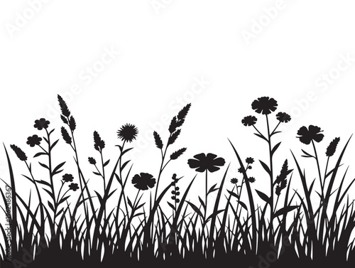 Vibrant wildflower meadow silhouette with natural organic blooming scenery design 