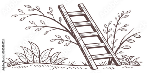 A vintage illustration of a wooden ladder leaning against a tree
