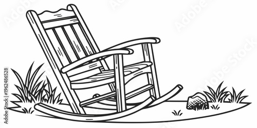 Old wooden rocking chair placed on a grassy lawn with a pumpkin nearby.