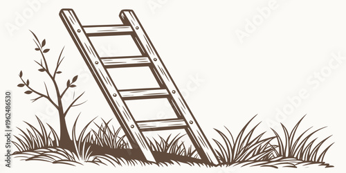 A wooden ladder leaning against a grassy hillside with wildflowers nearby