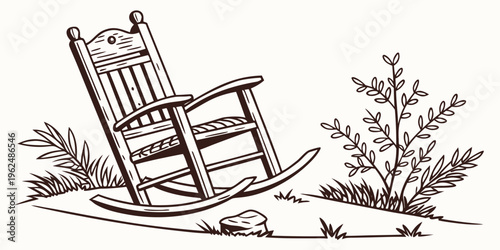 A vintage rocking chair with a floral pattern sits in a garden with a small plant nearby