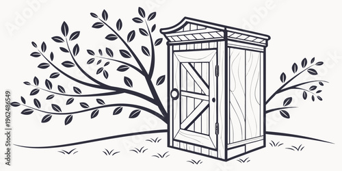 A wooden shed with a double door standing in a garden with a tree behind it