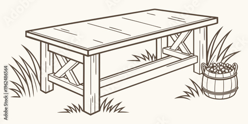 A rustic wooden bench with a bucket of flowers beside it in a grassy area.