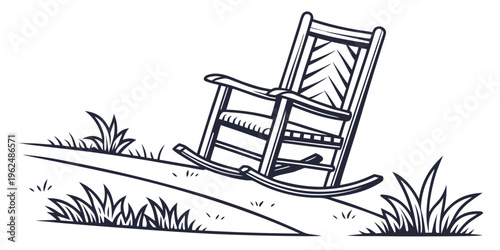 A vintage rocking chair sits alone in a grassy field under a clear blue sky