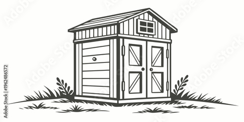 A quaint wooden shed with double doors and a small window
