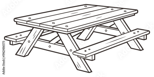 A detailed illustration of a classic wooden picnic table with benches
