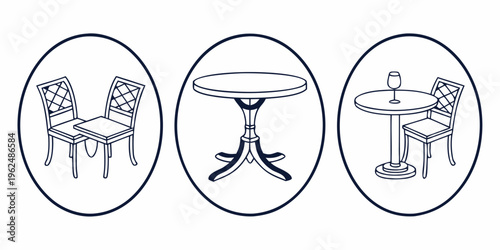 A collection of three different types of furniture for dining and seating arrangements.