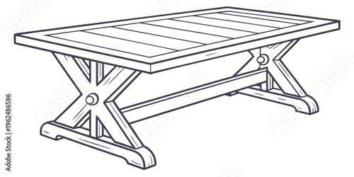 A sturdy wooden table with x-shaped legs and a smooth surface for various uses.