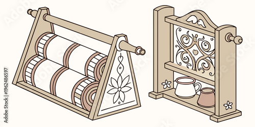 A beautifully crafted wooden cradle with intricate carvings and a comfortable mattress