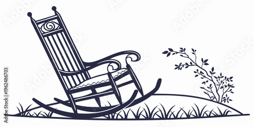 A vintage rocking chair with intricate details and a small plant nearby