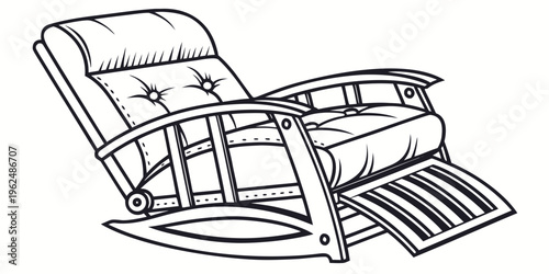 A vintage rocking chair with a footrest and a cushion, perfect for relaxation.