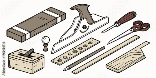 A comprehensive collection of woodworking tools displayed on a wooden surface