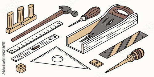 An assortment of woodworking tools laid out on a white background
