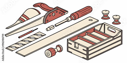 Assorted woodworking tools laid out on a wooden surface