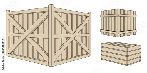 Three wooden crates stacked together in a corner of a room.
