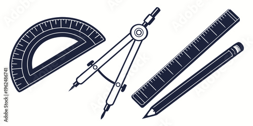 A collection of geometric drawing tools including a compass, protractor, and rulers