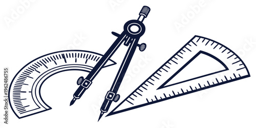 A set of three geometric drawing tools including a protractor, a compass, and a set square.