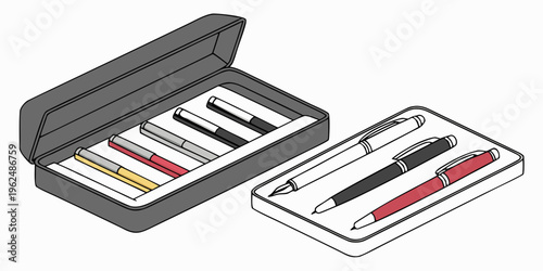 A set of colored pencils and markers in a black case and a transparent container