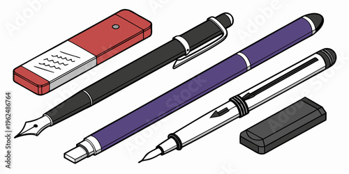 Assorted writing instruments including pens, pencils, and a sharpener on a white background