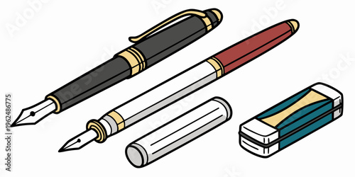 A set of various writing instruments including a fountain pen, a ballpoint pen, a pencil, and a pencil sharpener